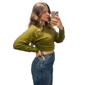 Yaya & Co Green Long Sleeve Ruched Cropped knit Top | Size Small